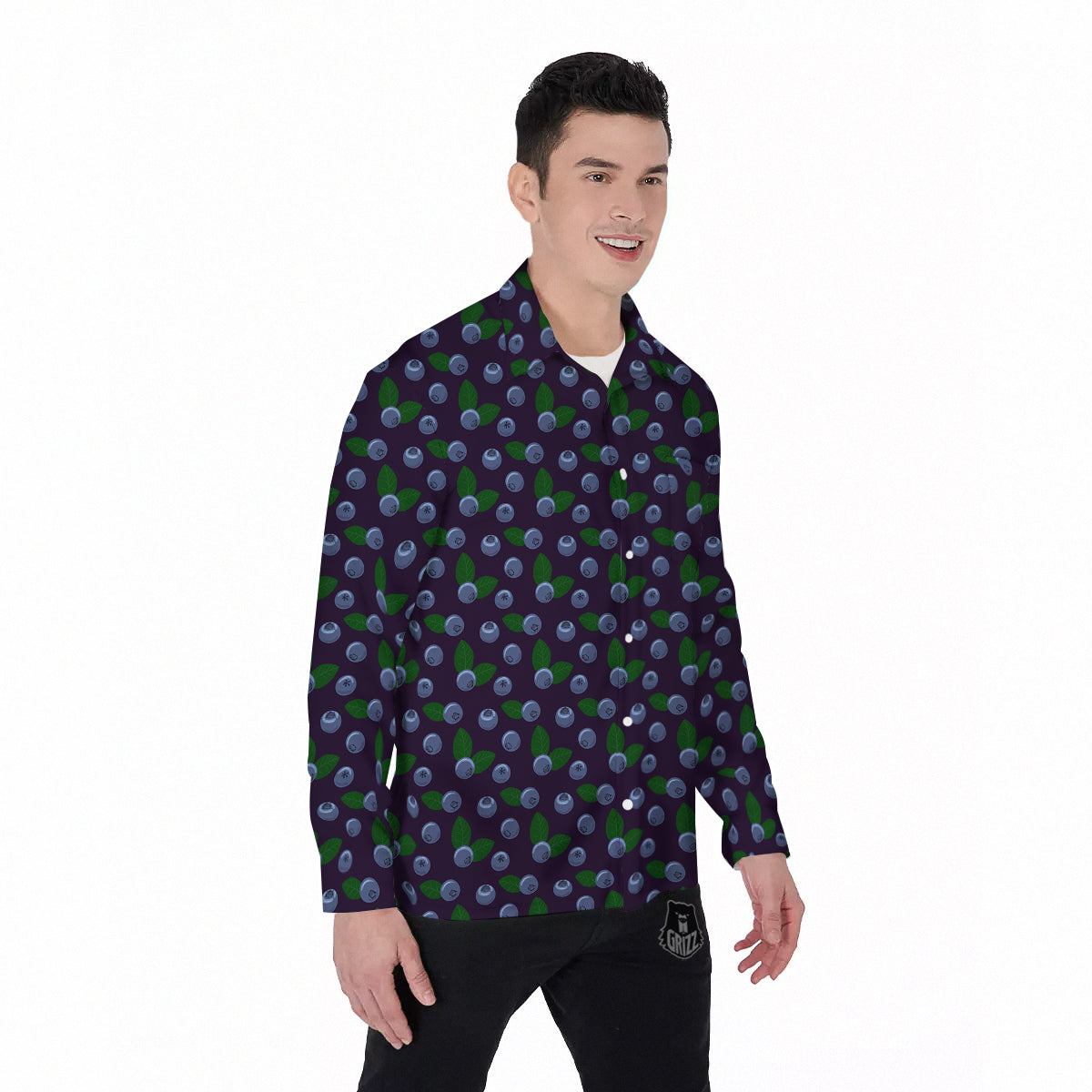 Blueberry And Leaf Print Pattern Men's Long Sleeve Shirts-grizzshop