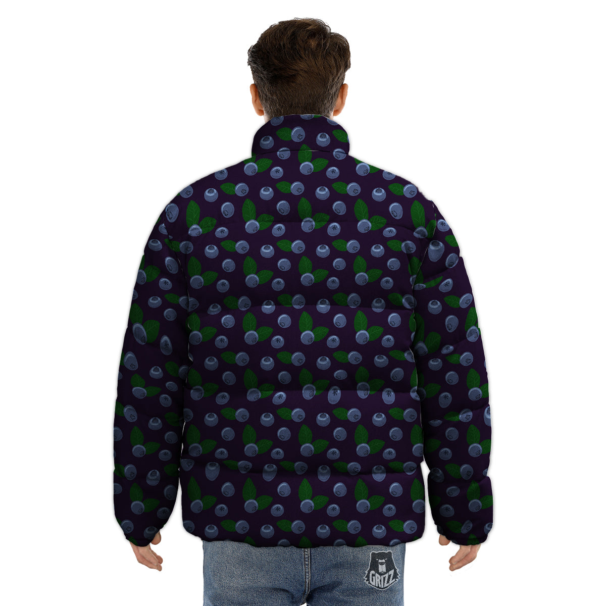Blueberry And Leaf Print Pattern Puffer Jacket-grizzshop