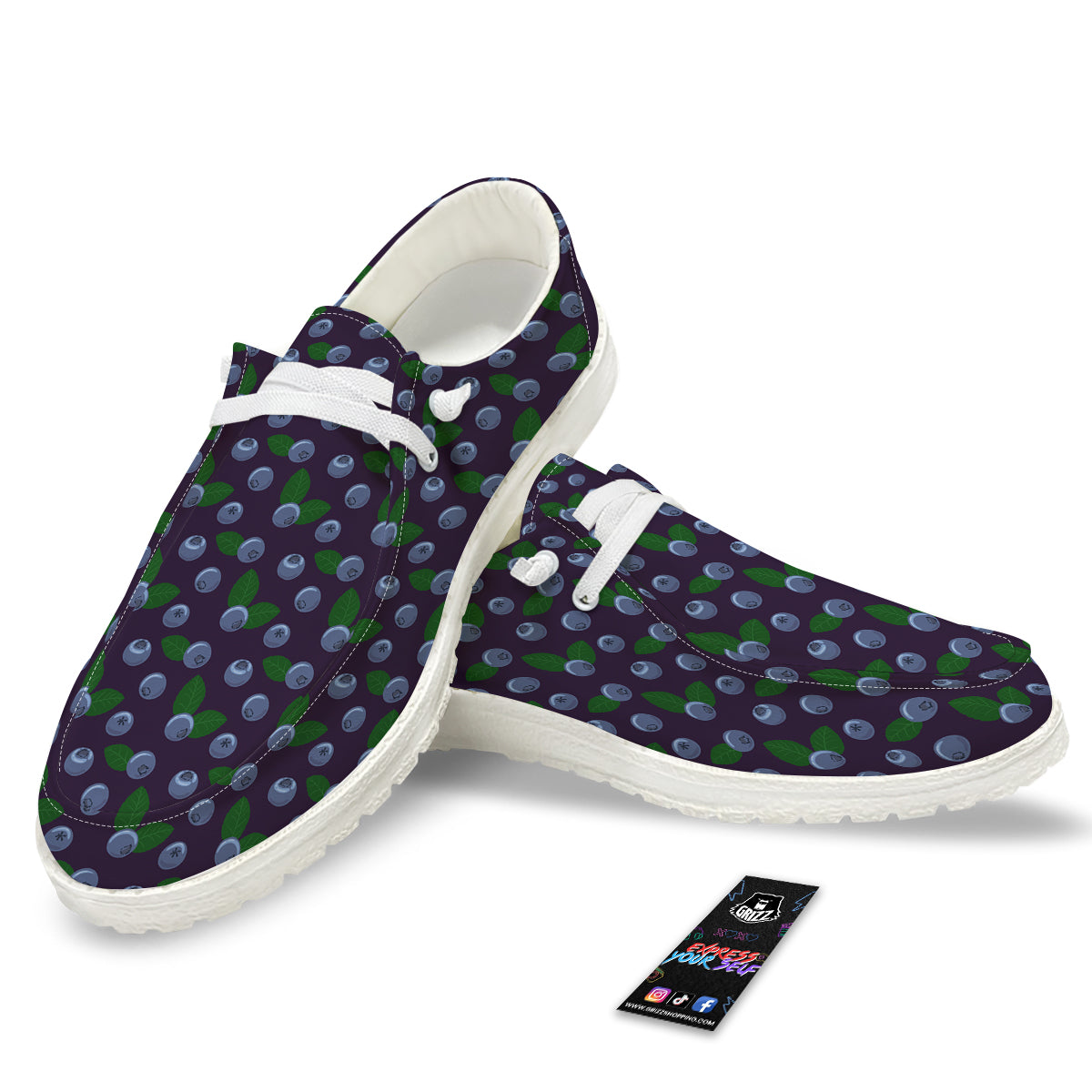 Blueberry And Leaf Print Pattern White Loafers-grizzshop