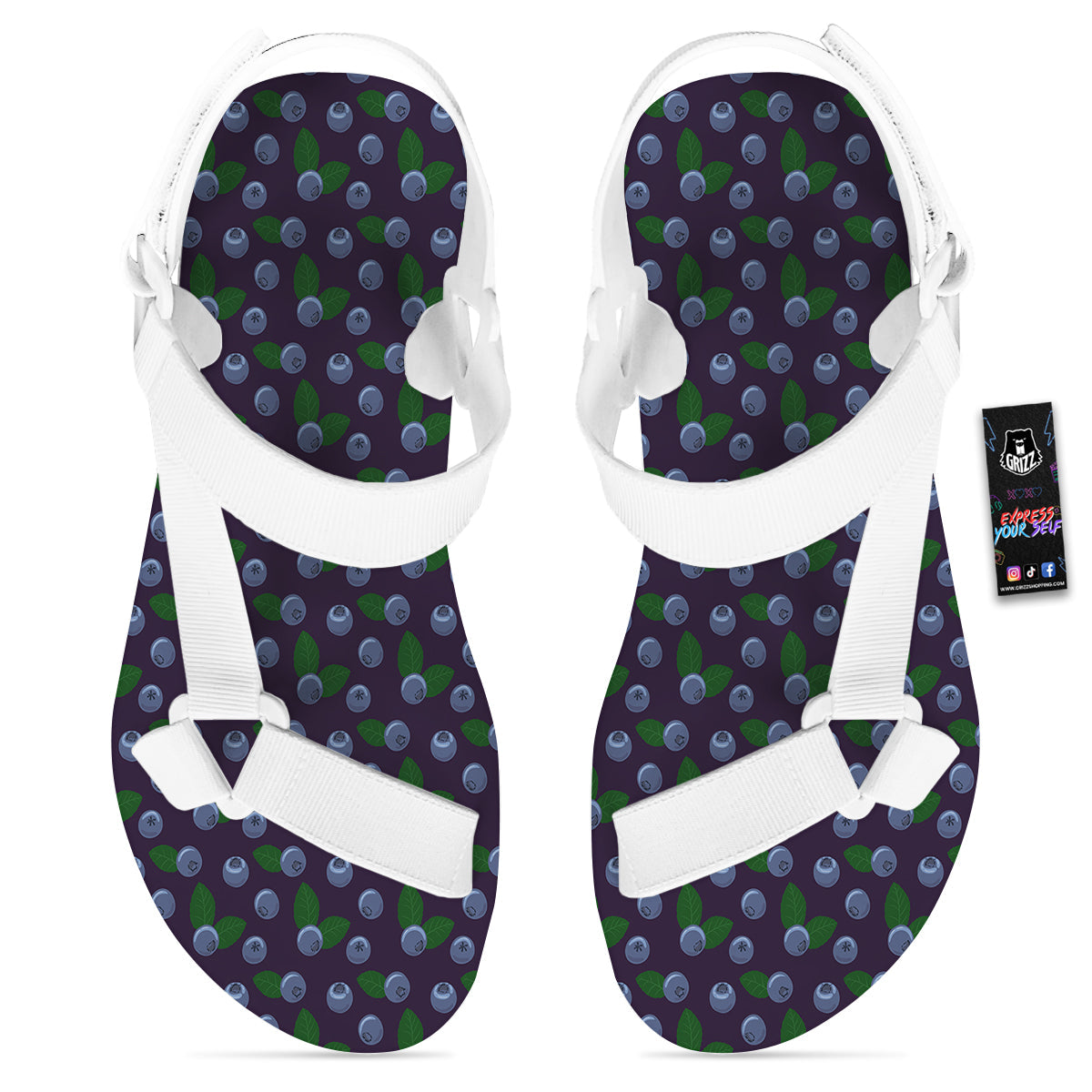 Blueberry And Leaf Print Pattern White Open Toe Sandals-grizzshop