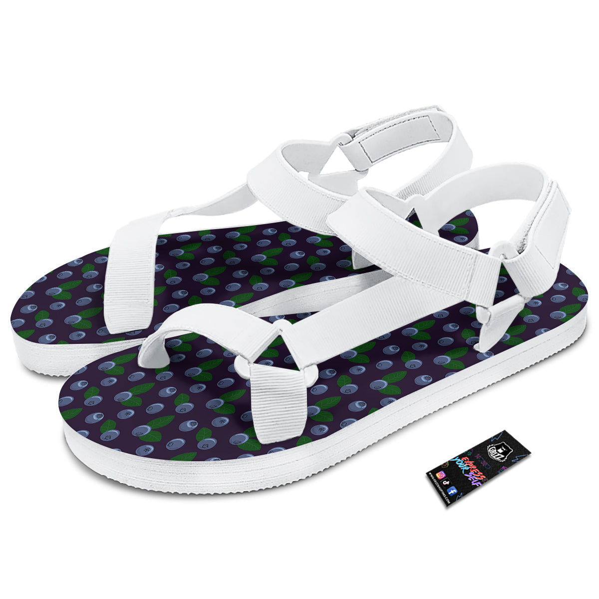Blueberry And Leaf Print Pattern White Open Toe Sandals-grizzshop