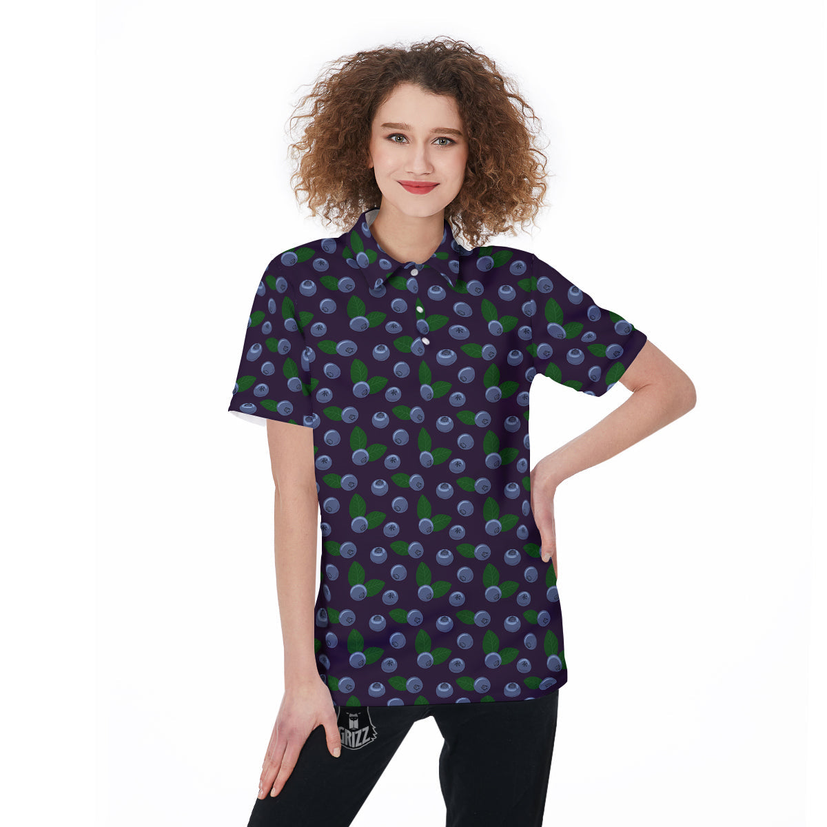 Blueberry And Leaf Print Pattern Women's Golf Shirts-grizzshop