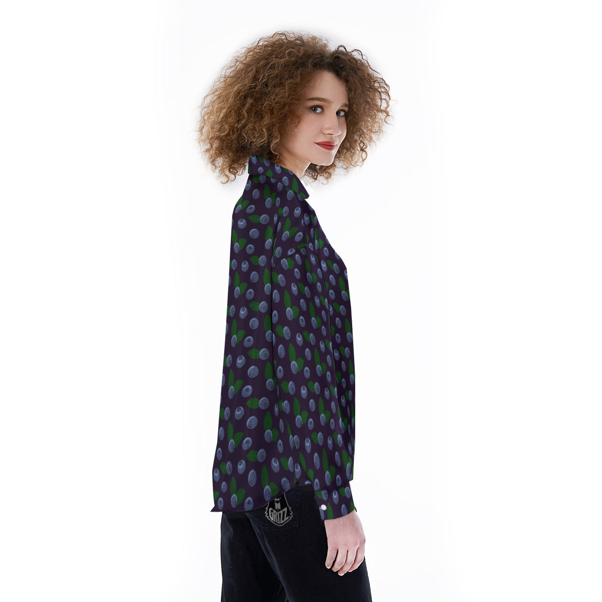 Blueberry And Leaf Print Pattern Women's Long Sleeve Shirts-grizzshop