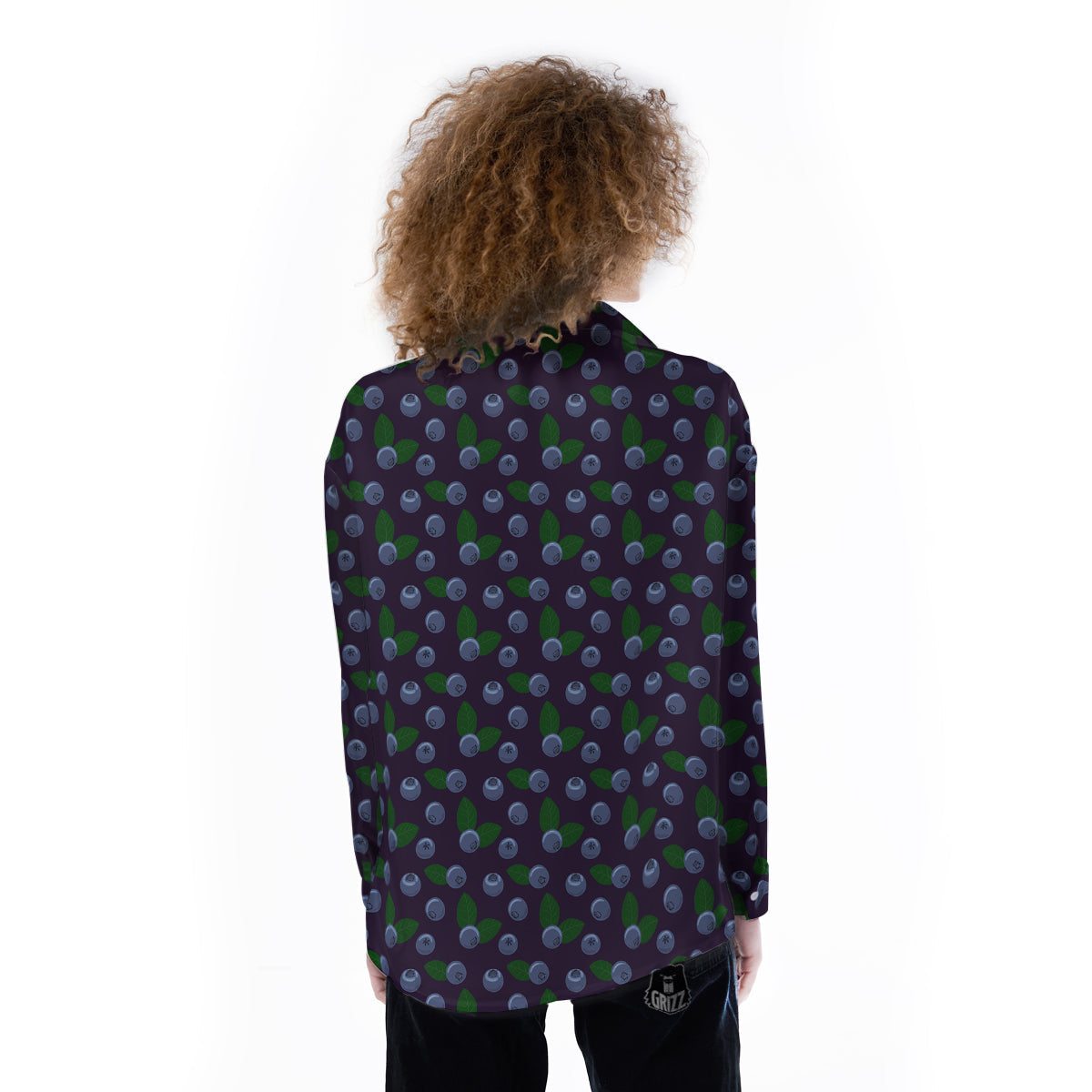 Blueberry And Leaf Print Pattern Women's Long Sleeve Shirts-grizzshop