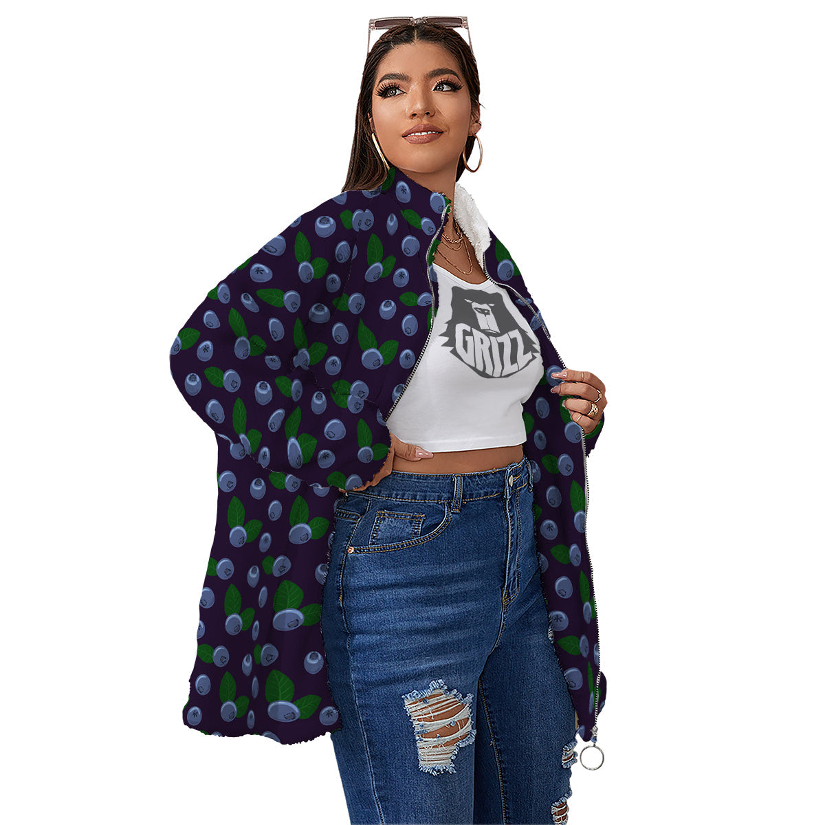 Blueberry And Leaf Print Pattern Women's Sherpa Jacket-grizzshop