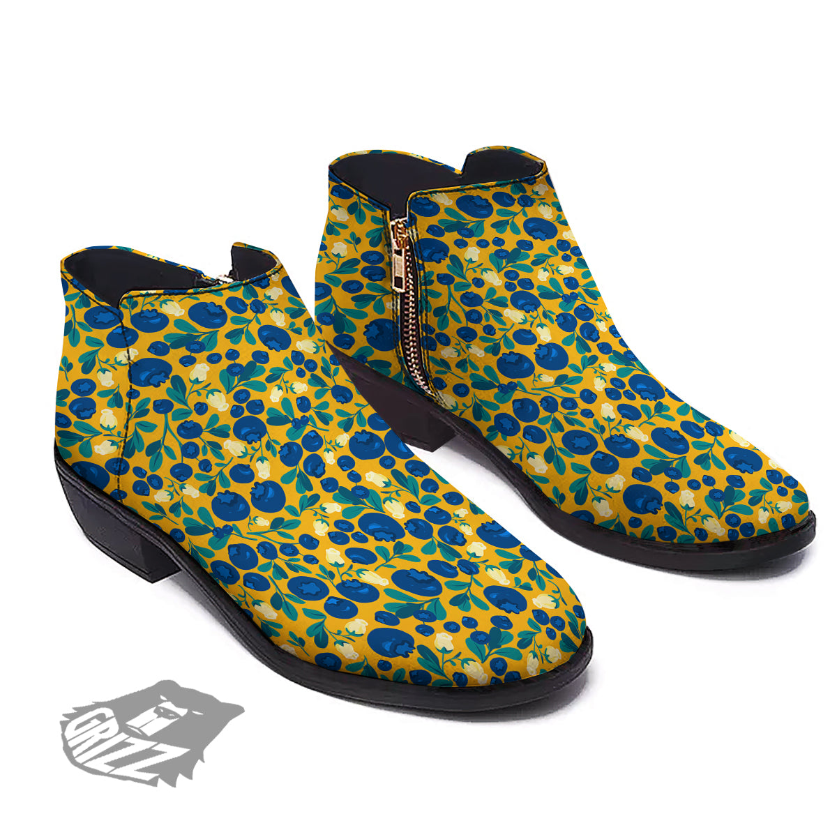 Blueberry Yellow Print Pattern Ankle Boots-grizzshop