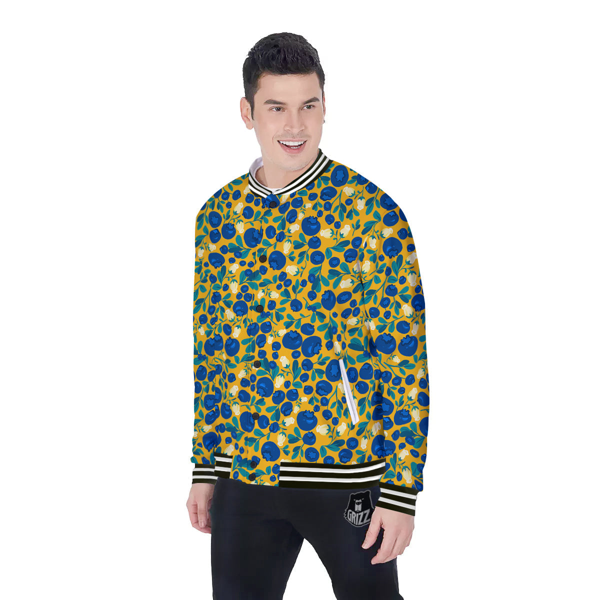Blueberry Yellow Print Pattern Baseball Jacket-grizzshop