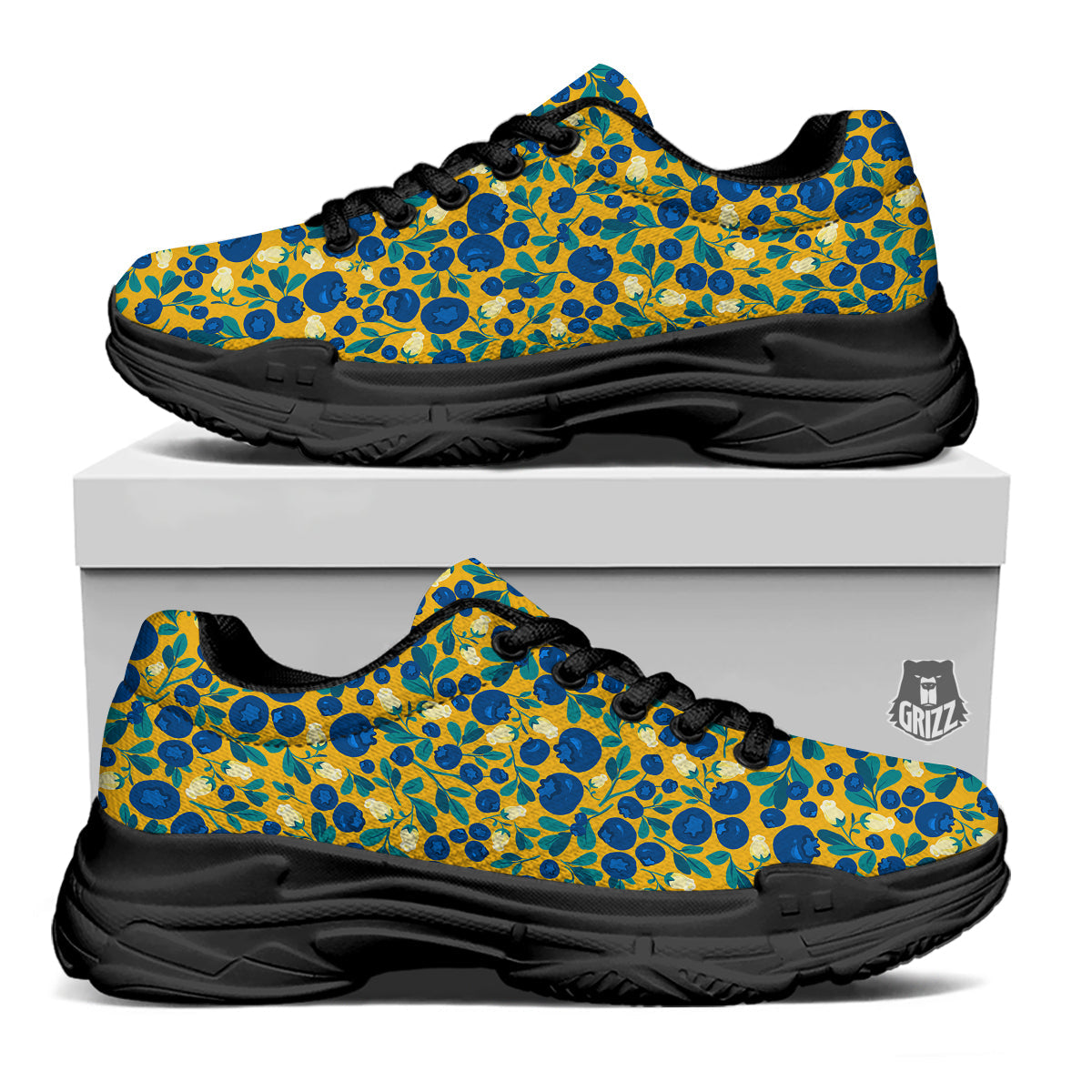 Blueberry Yellow Print Pattern Black Chunky Shoes-grizzshop
