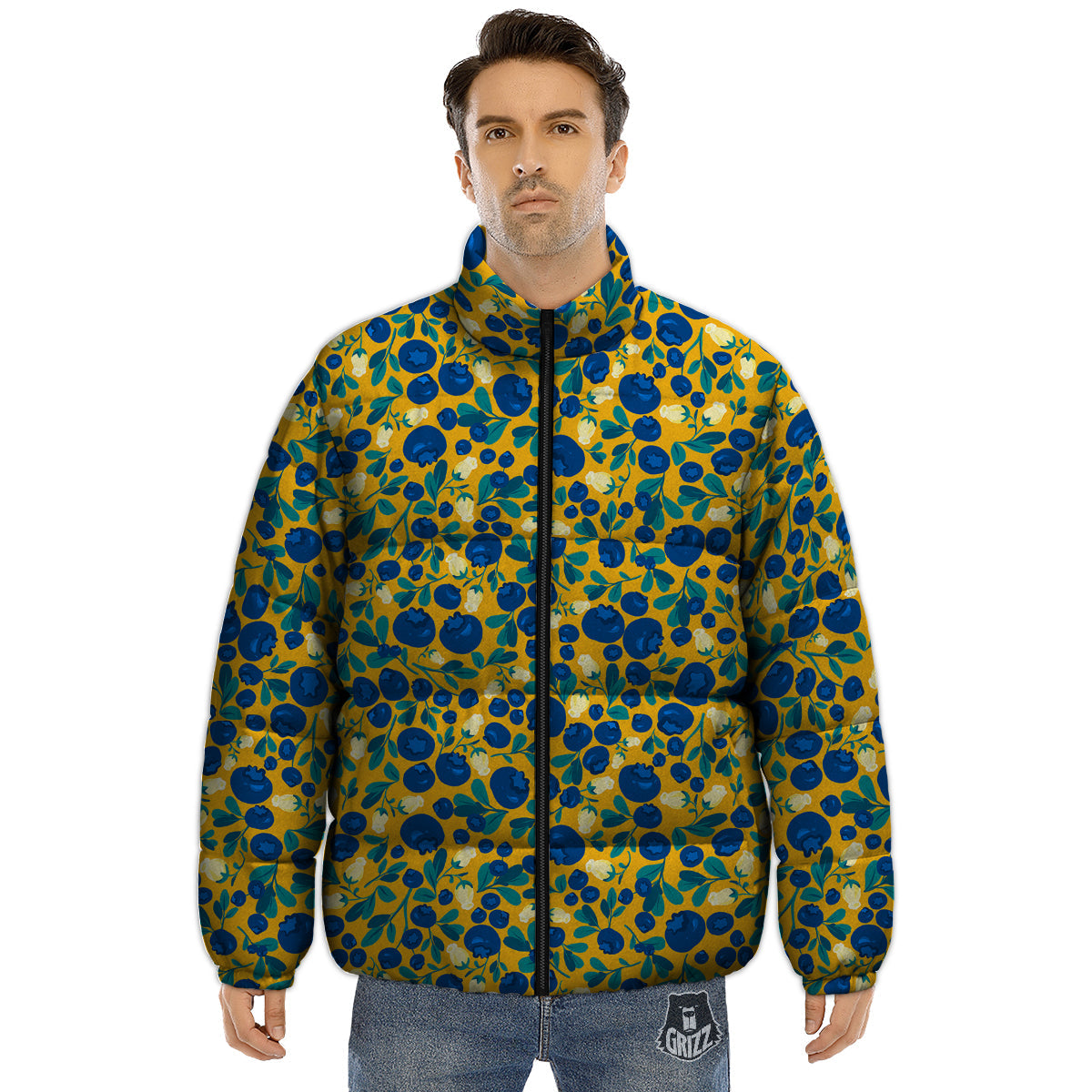 Blueberry Yellow Print Pattern Puffer Jacket-grizzshop