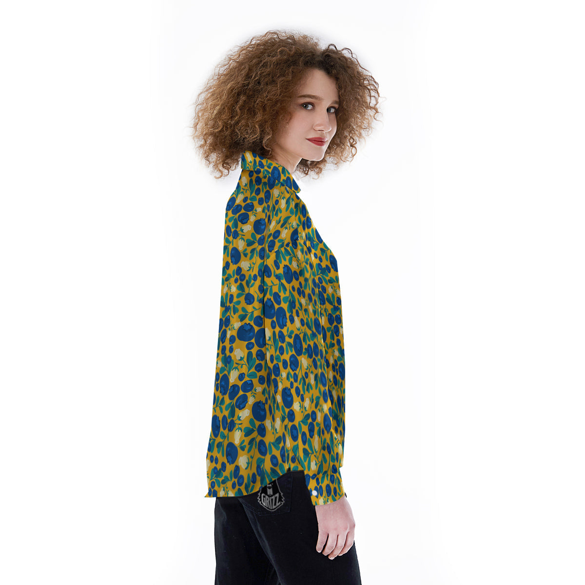 Blueberry Yellow Print Pattern Women's Long Sleeve Shirts-grizzshop