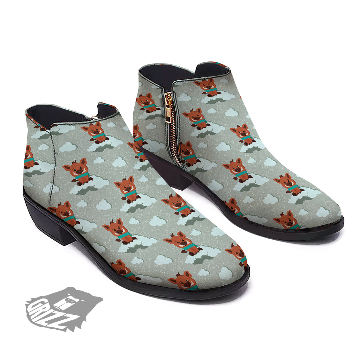 Boar And Cloud Print Pattern Ankle Boots-grizzshop