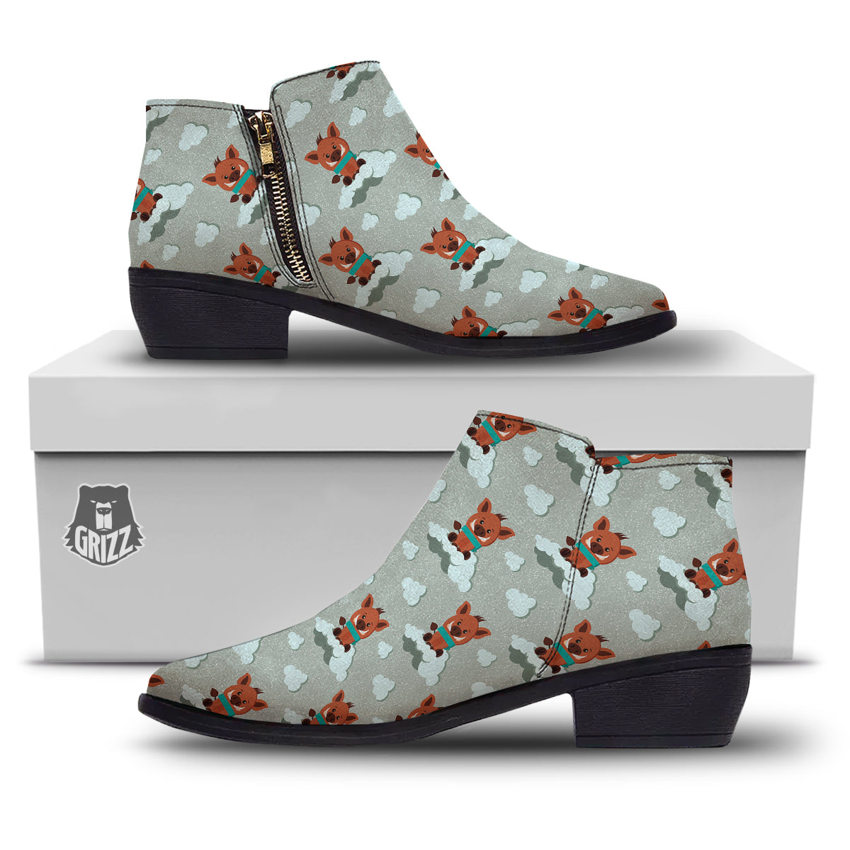 Boar And Cloud Print Pattern Ankle Boots-grizzshop