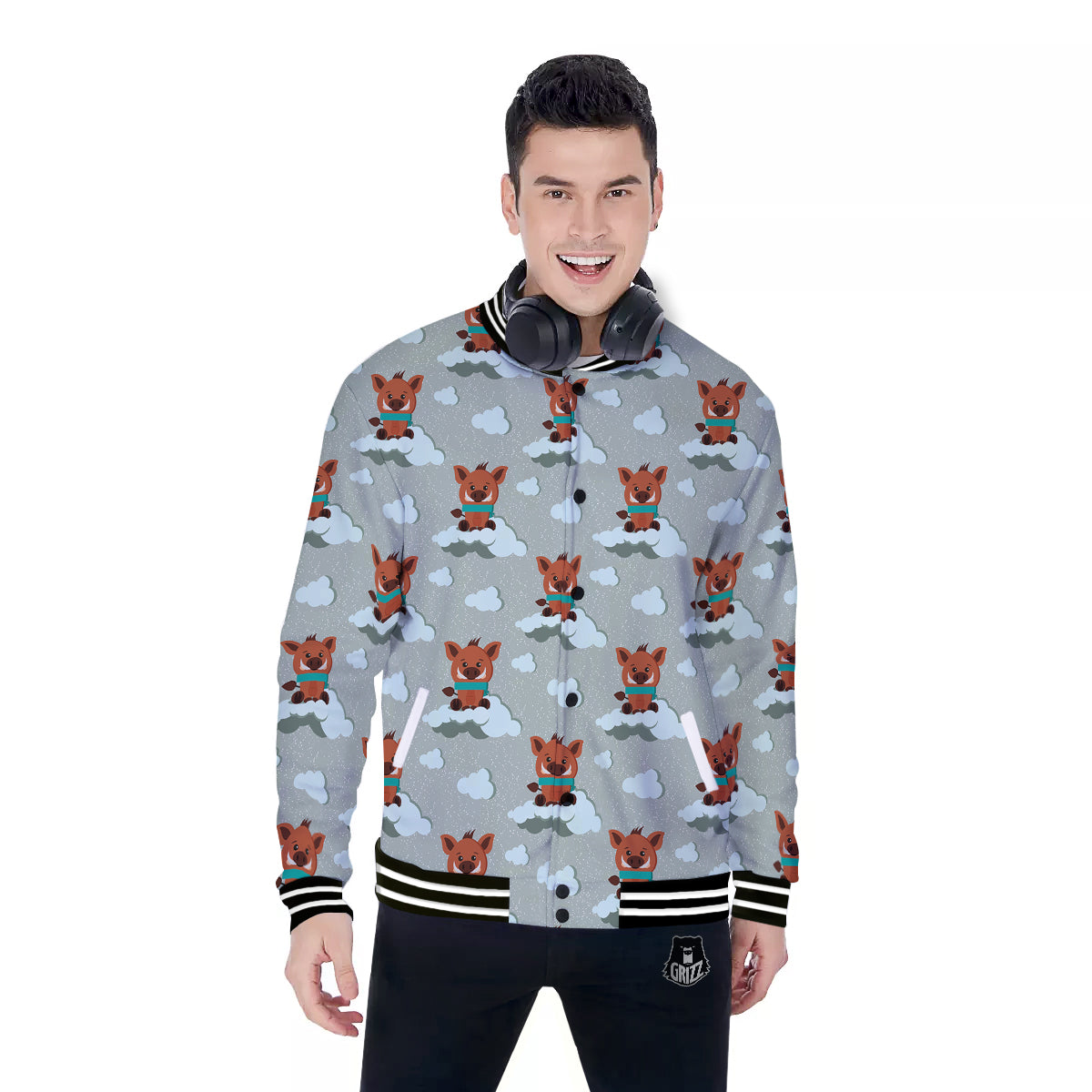 Boar And Cloud Print Pattern Baseball Jacket-grizzshop