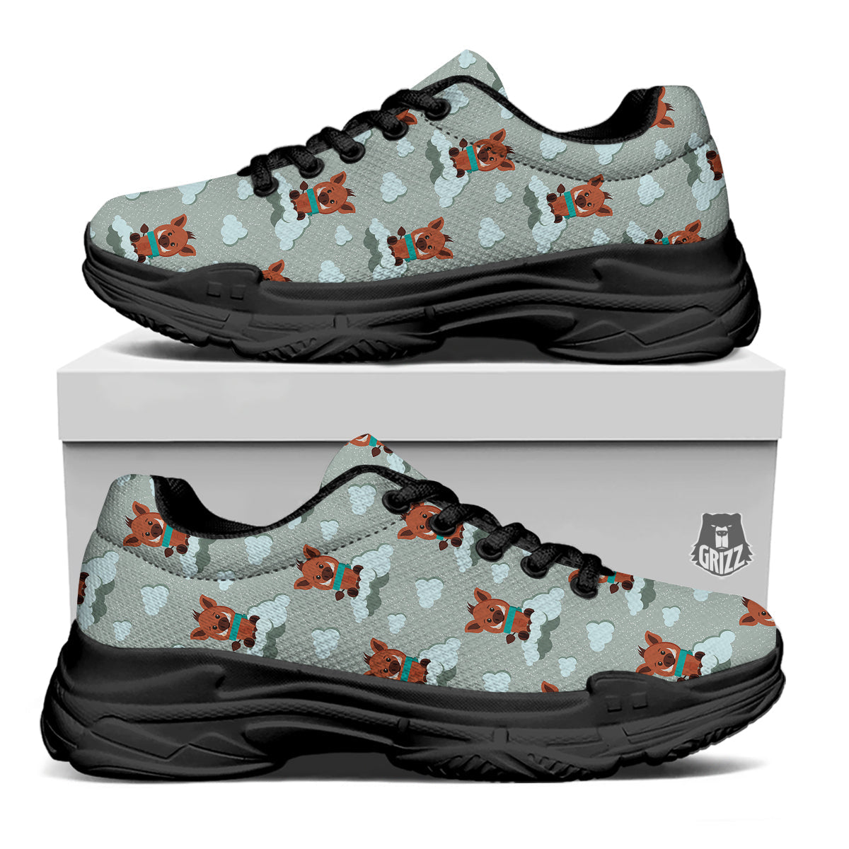 Boar And Cloud Print Pattern Black Chunky Shoes-grizzshop