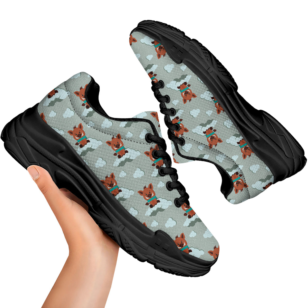 Boar And Cloud Print Pattern Black Chunky Shoes-grizzshop