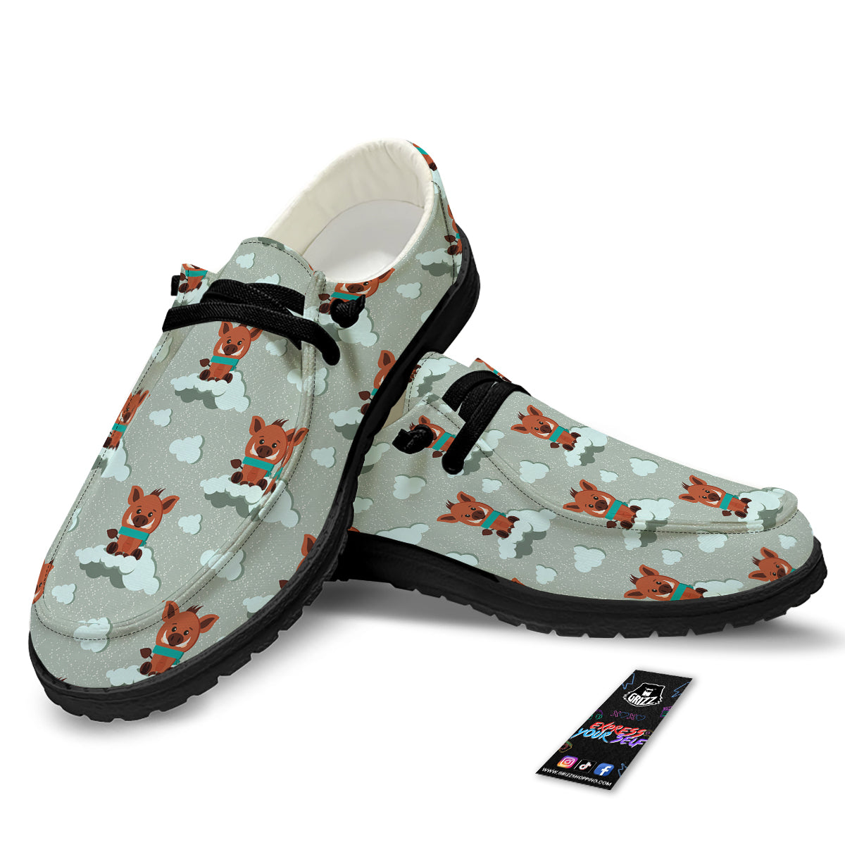 Boar And Cloud Print Pattern Black Loafers-grizzshop