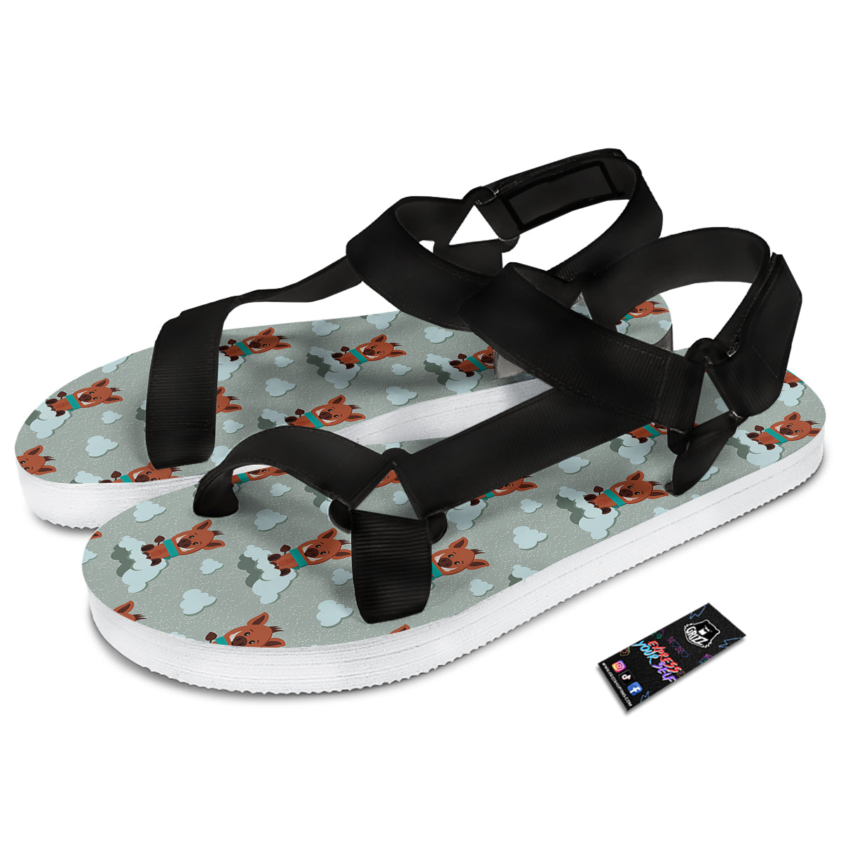 Boar And Cloud Print Pattern Black Open Toe Sandals-grizzshop