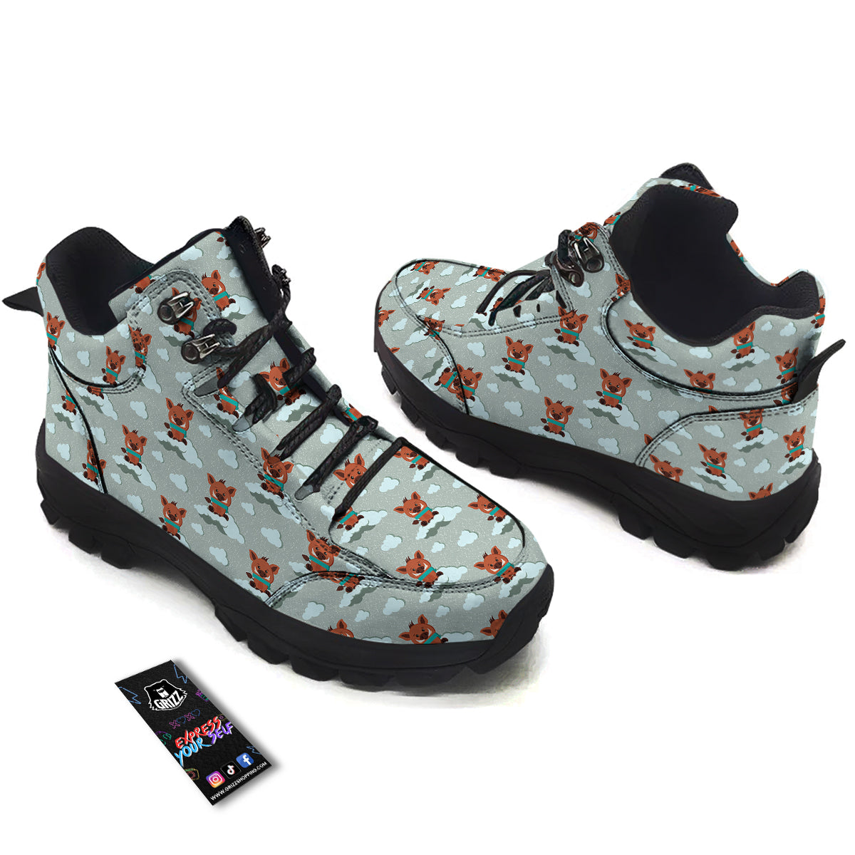 Boar And Cloud Print Pattern Hiking Shoes-grizzshop