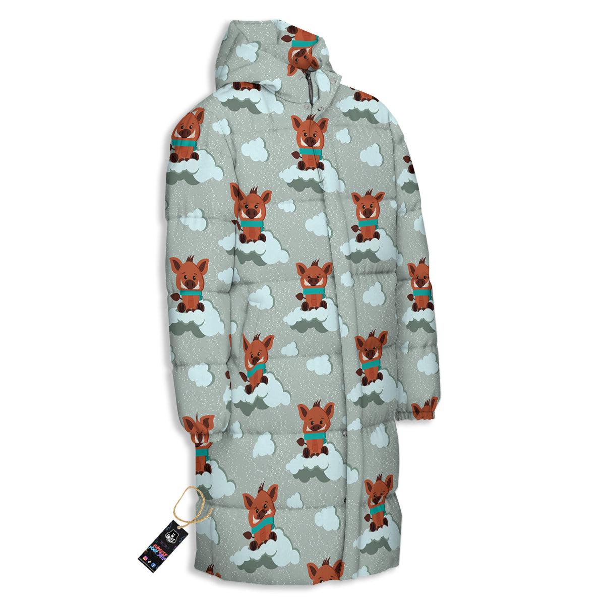 Boar And Cloud Print Pattern Long Down Jacket-grizzshop