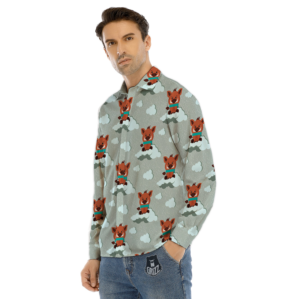 Boar And Cloud Print Pattern Men's Dress Shirts-grizzshop