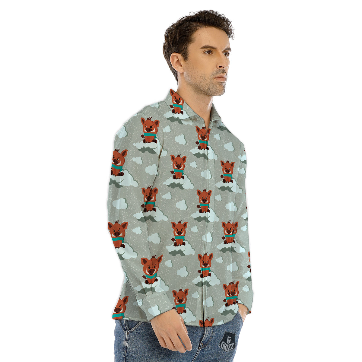 Boar And Cloud Print Pattern Men's Dress Shirts-grizzshop