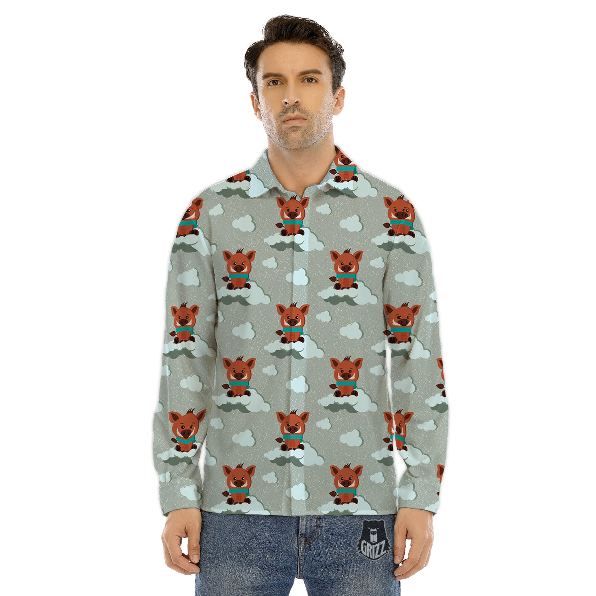 Boar And Cloud Print Pattern Men's Dress Shirts-grizzshop