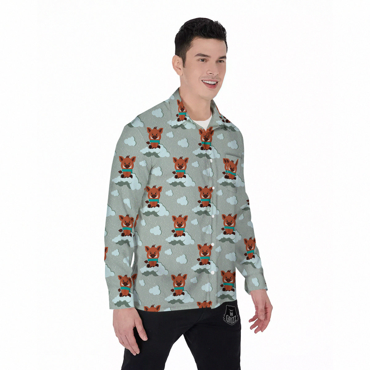 Boar And Cloud Print Pattern Men's Long Sleeve Shirts-grizzshop