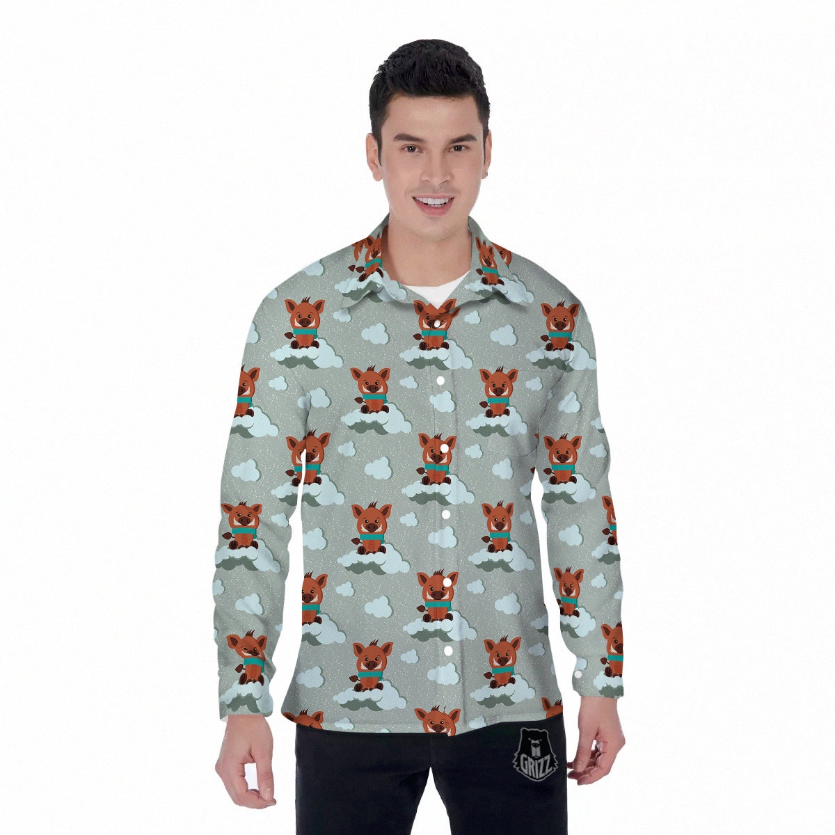 Boar And Cloud Print Pattern Men's Long Sleeve Shirts-grizzshop