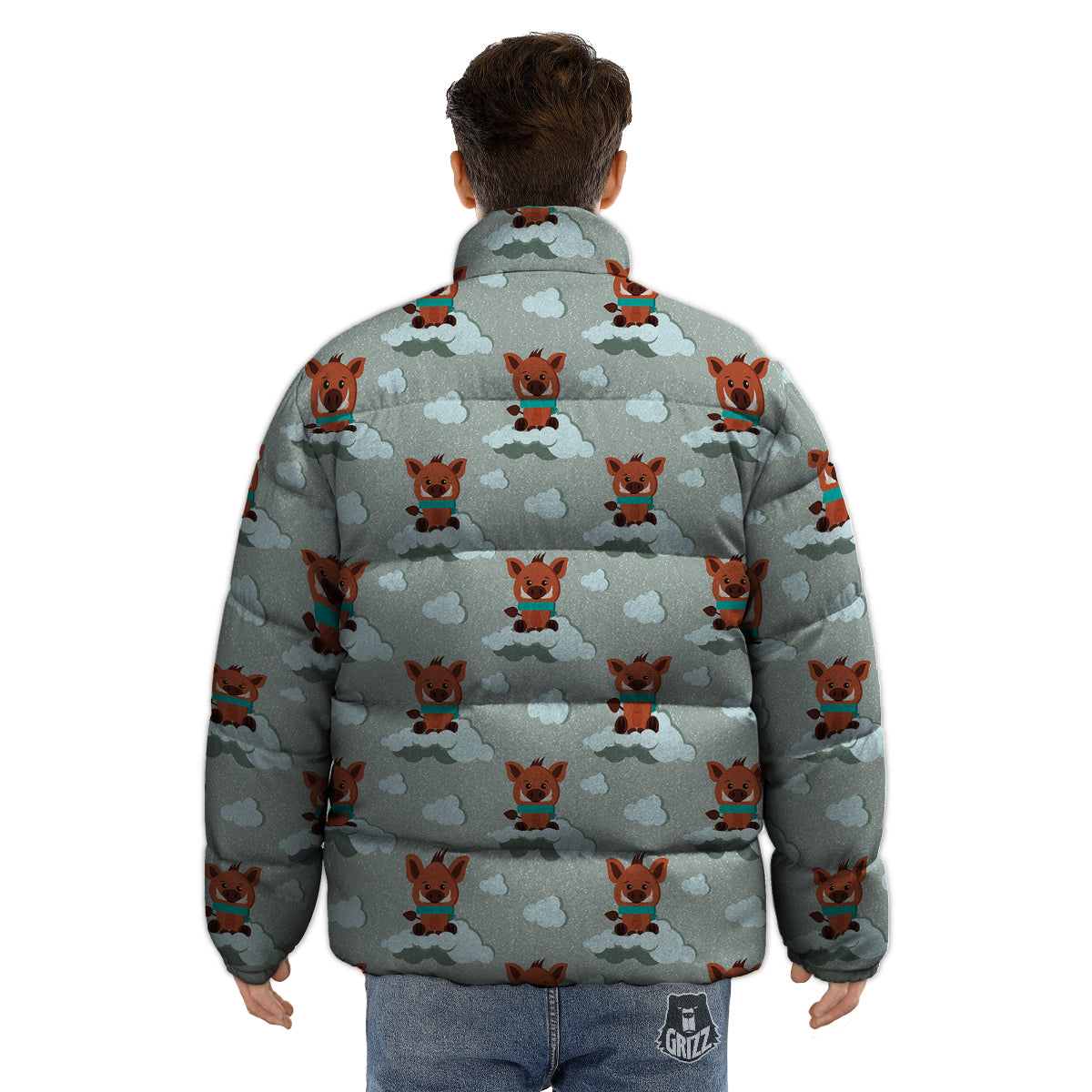 Boar And Cloud Print Pattern Puffer Jacket-grizzshop