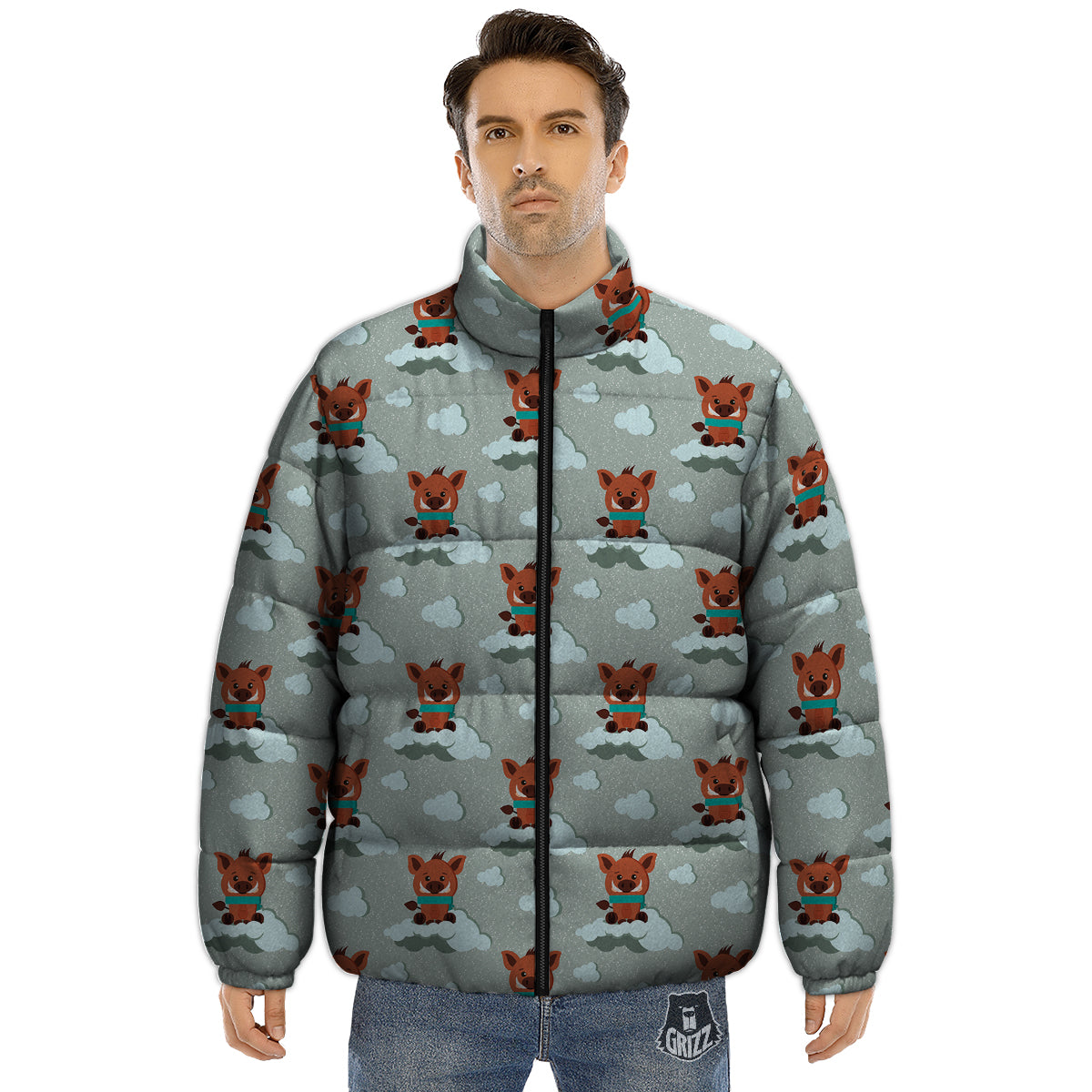 Boar And Cloud Print Pattern Puffer Jacket-grizzshop