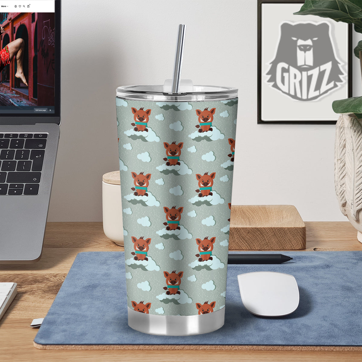 Boar And Cloud Print Pattern Tumbler-grizzshop