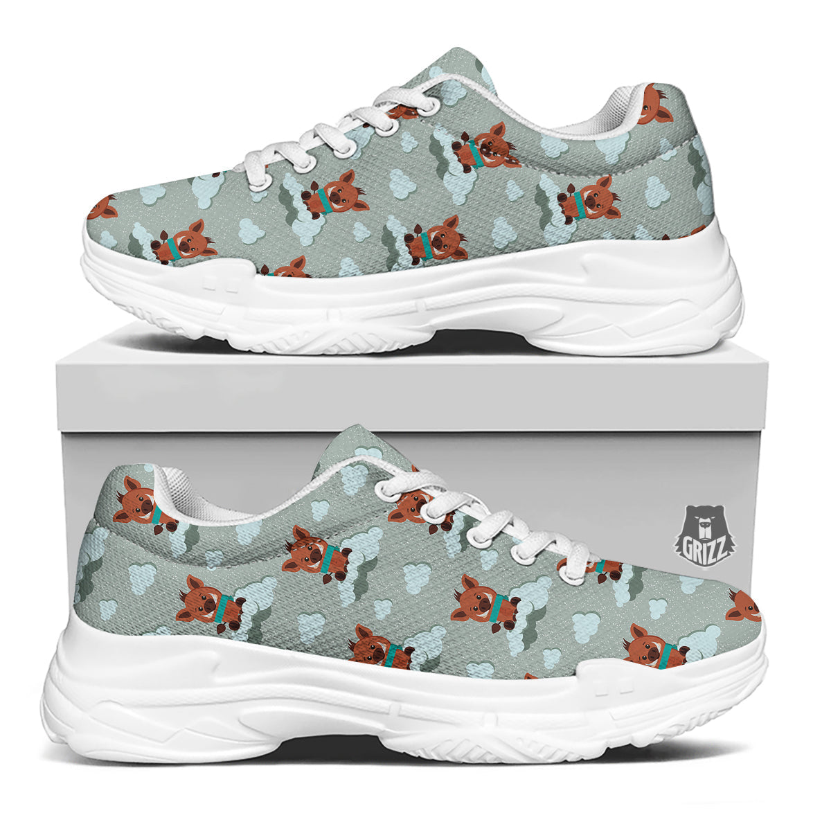 Boar And Cloud Print Pattern White Chunky Shoes-grizzshop