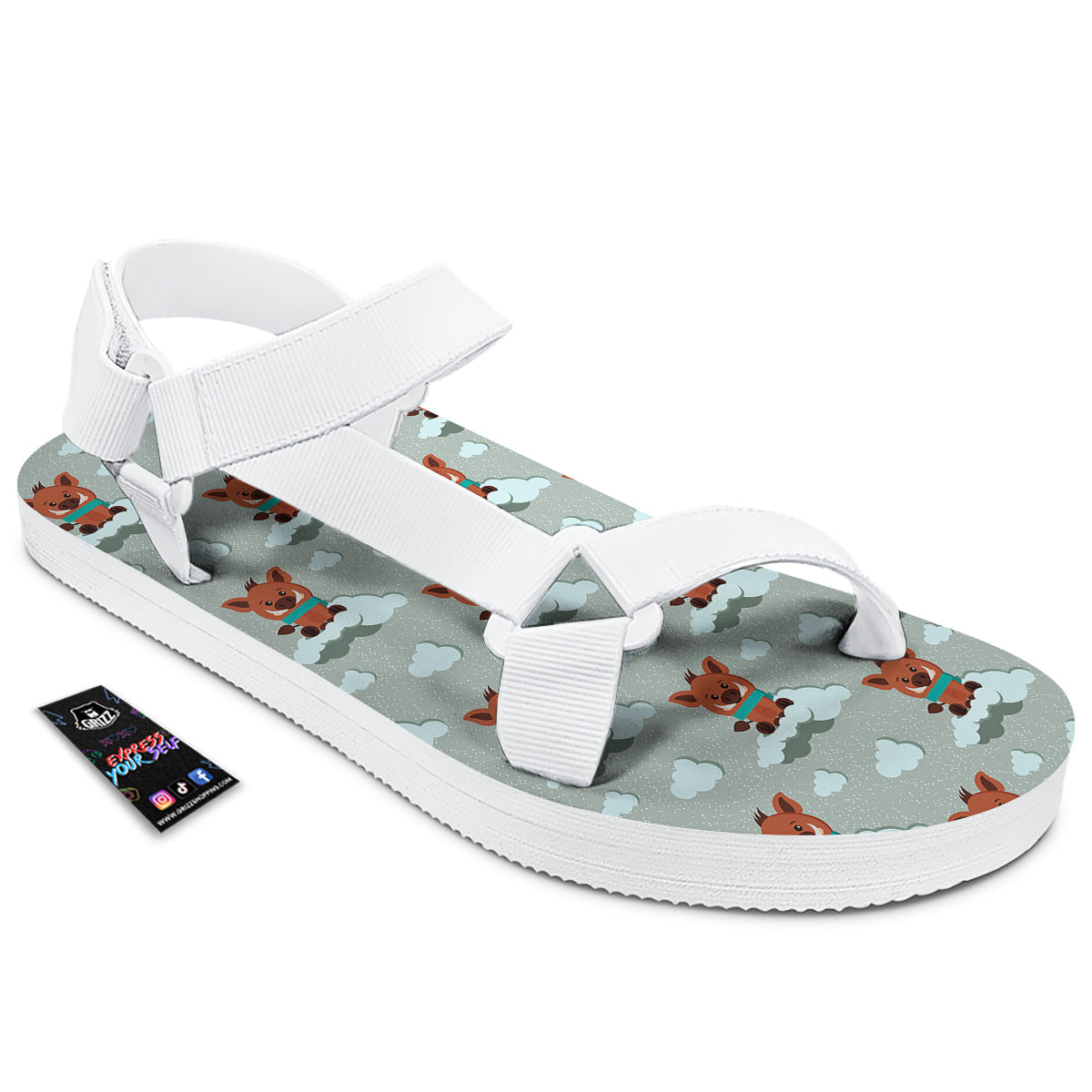Boar And Cloud Print Pattern White Open Toe Sandals-grizzshop