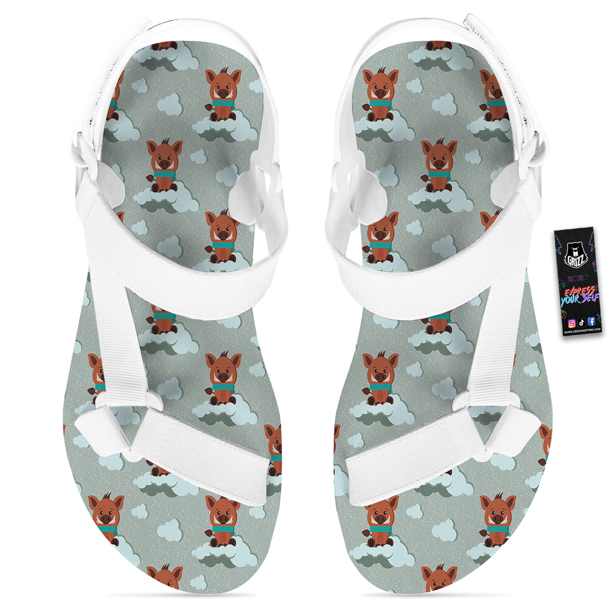 Boar And Cloud Print Pattern White Open Toe Sandals-grizzshop