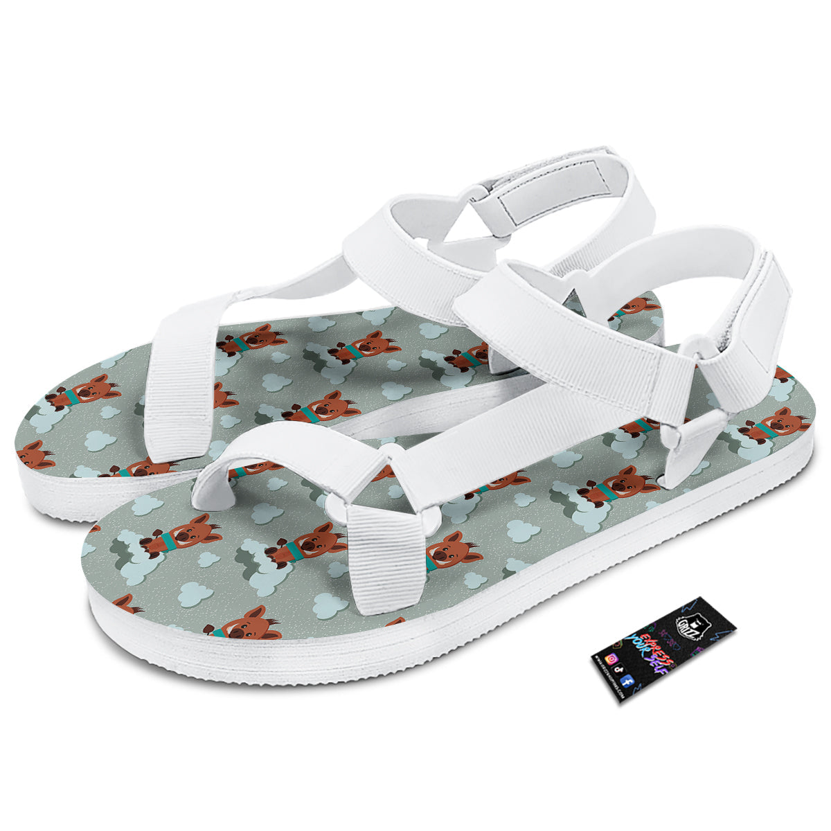 Boar And Cloud Print Pattern White Open Toe Sandals-grizzshop