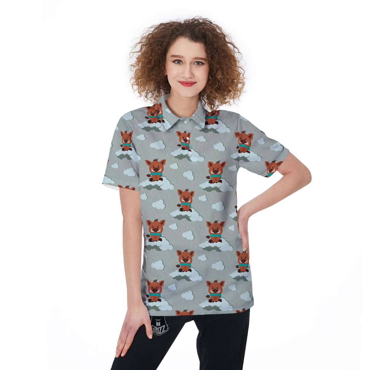 Boar And Cloud Print Pattern Women's Golf Shirts-grizzshop