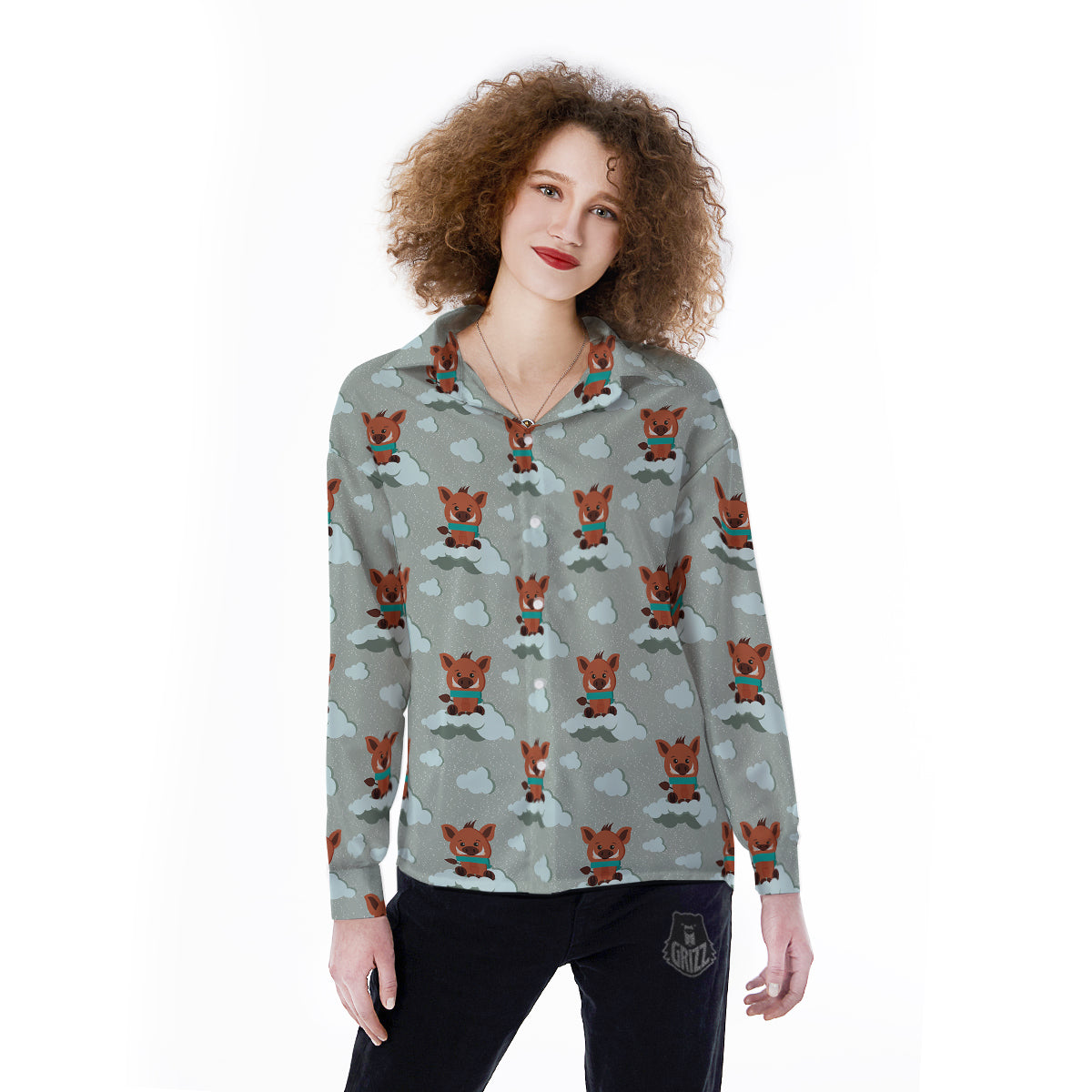 Boar And Cloud Print Pattern Women's Long Sleeve Shirts-grizzshop