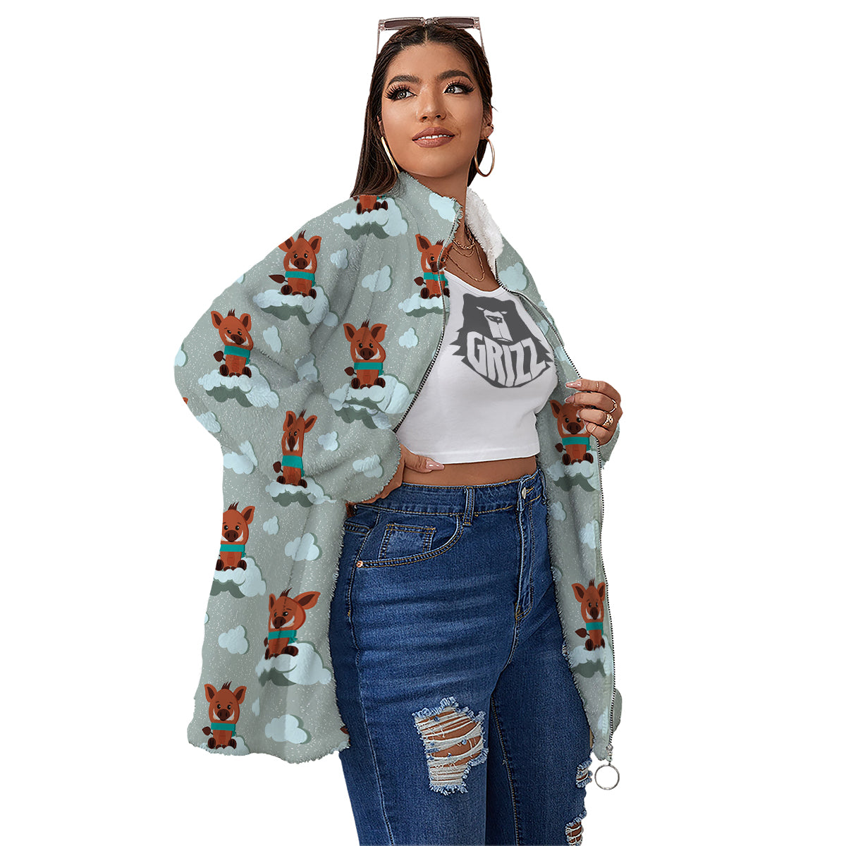 Boar And Cloud Print Pattern Women's Sherpa Jacket-grizzshop