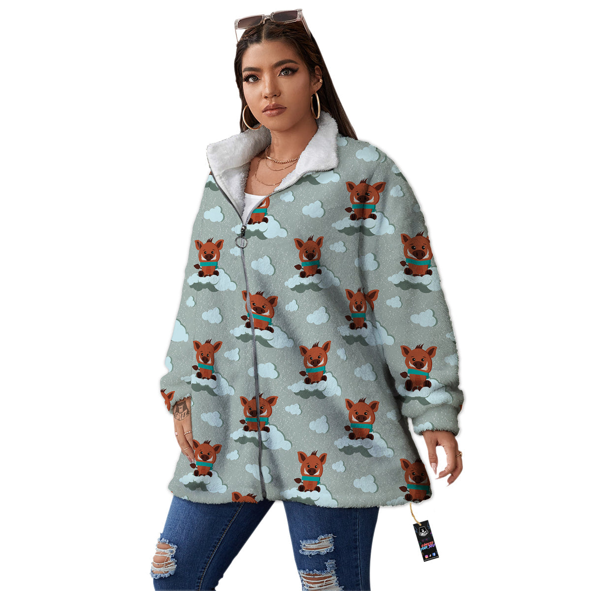 Boar And Cloud Print Pattern Women's Sherpa Jacket-grizzshop