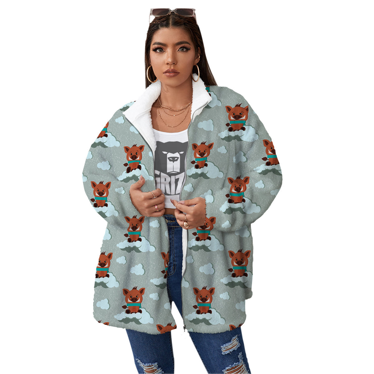 Boar And Cloud Print Pattern Women's Sherpa Jacket-grizzshop