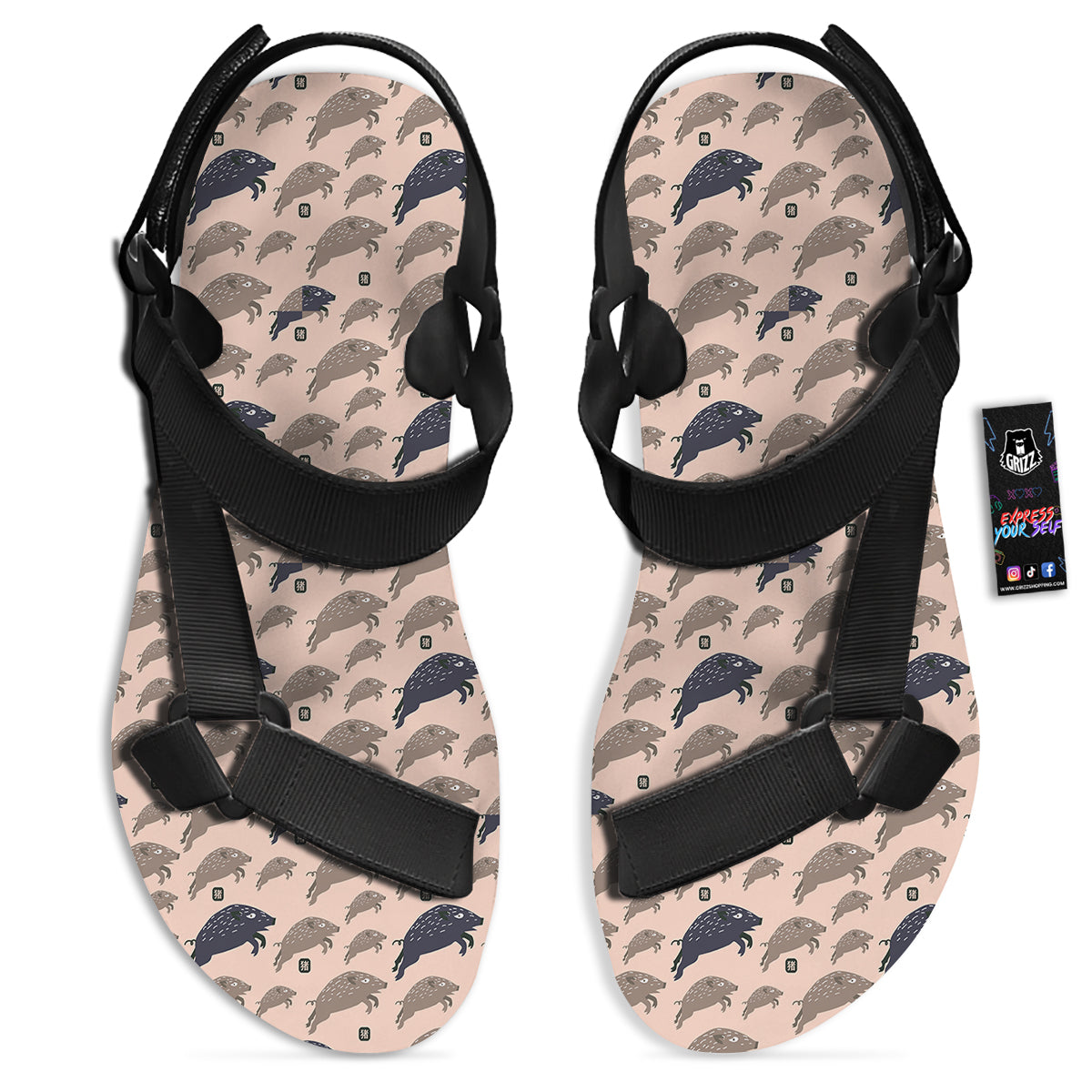 Boar Jumping Print Pattern Black Open Toe Sandals-grizzshop