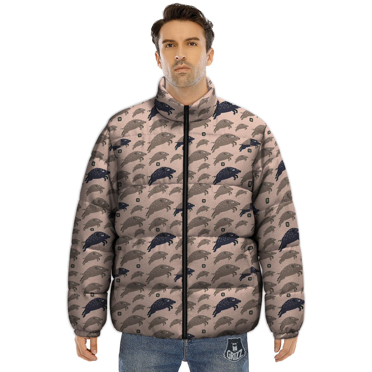 Boar Jumping Print Pattern Puffer Jacket-grizzshop