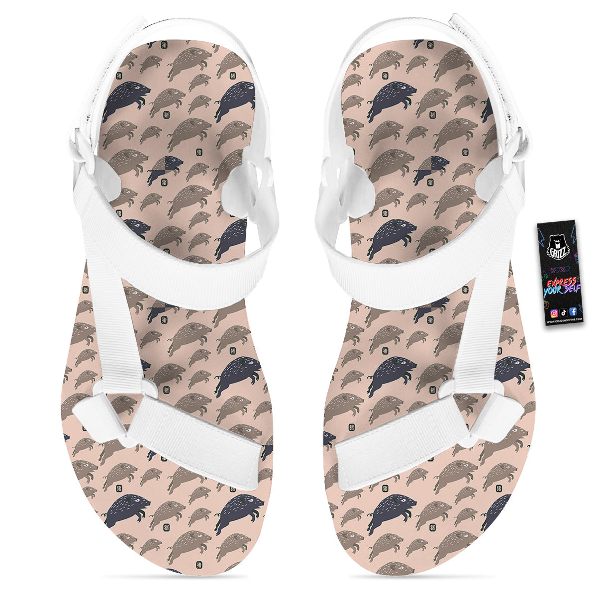 Boar Jumping Print Pattern White Open Toe Sandals-grizzshop