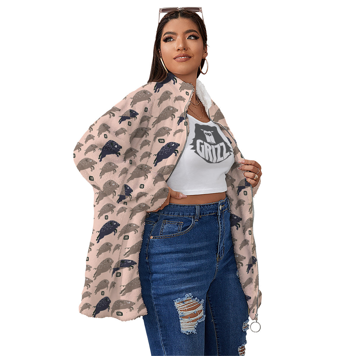 Boar Jumping Print Pattern Women's Sherpa Jacket-grizzshop