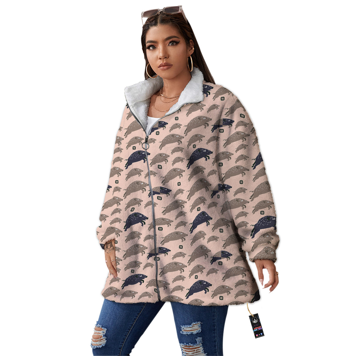 Boar Jumping Print Pattern Women's Sherpa Jacket-grizzshop