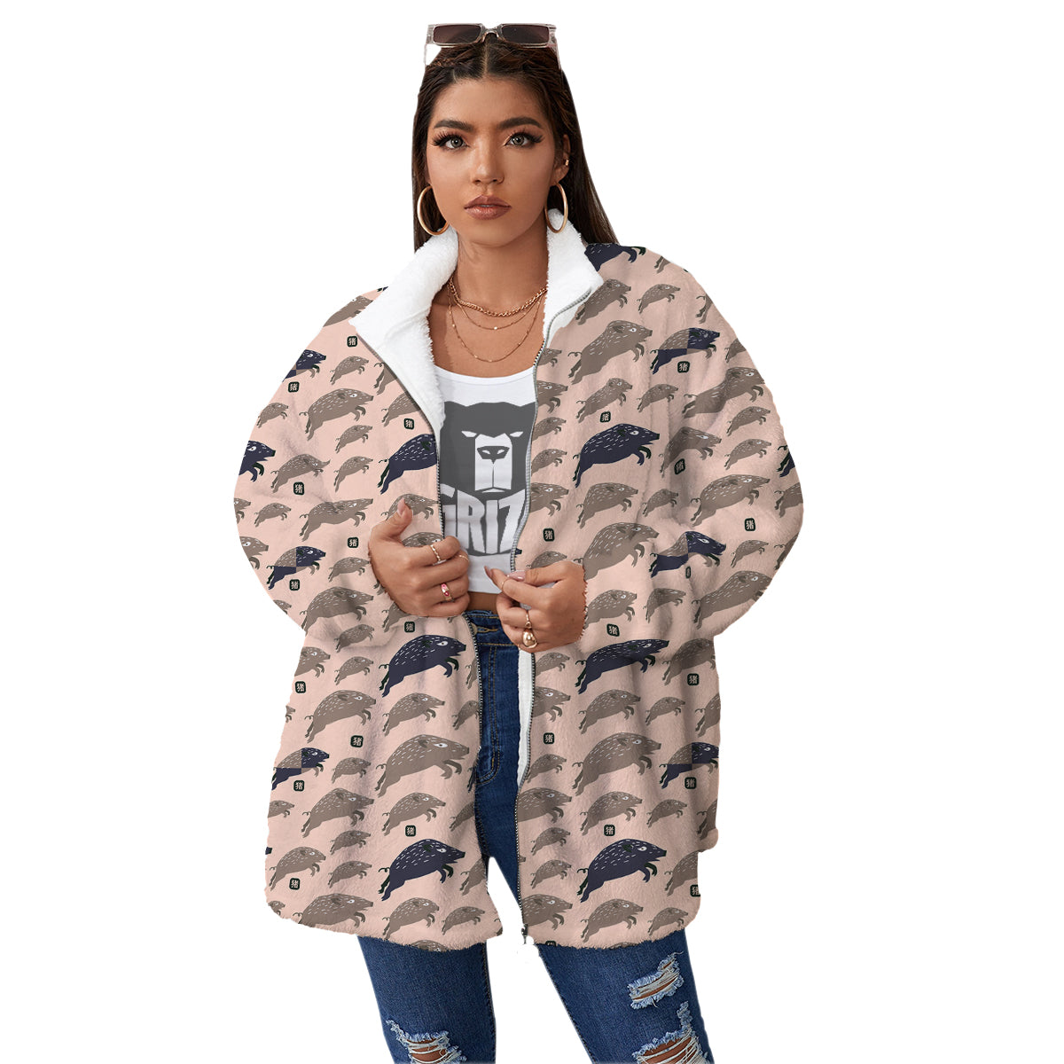 Boar Jumping Print Pattern Women's Sherpa Jacket-grizzshop