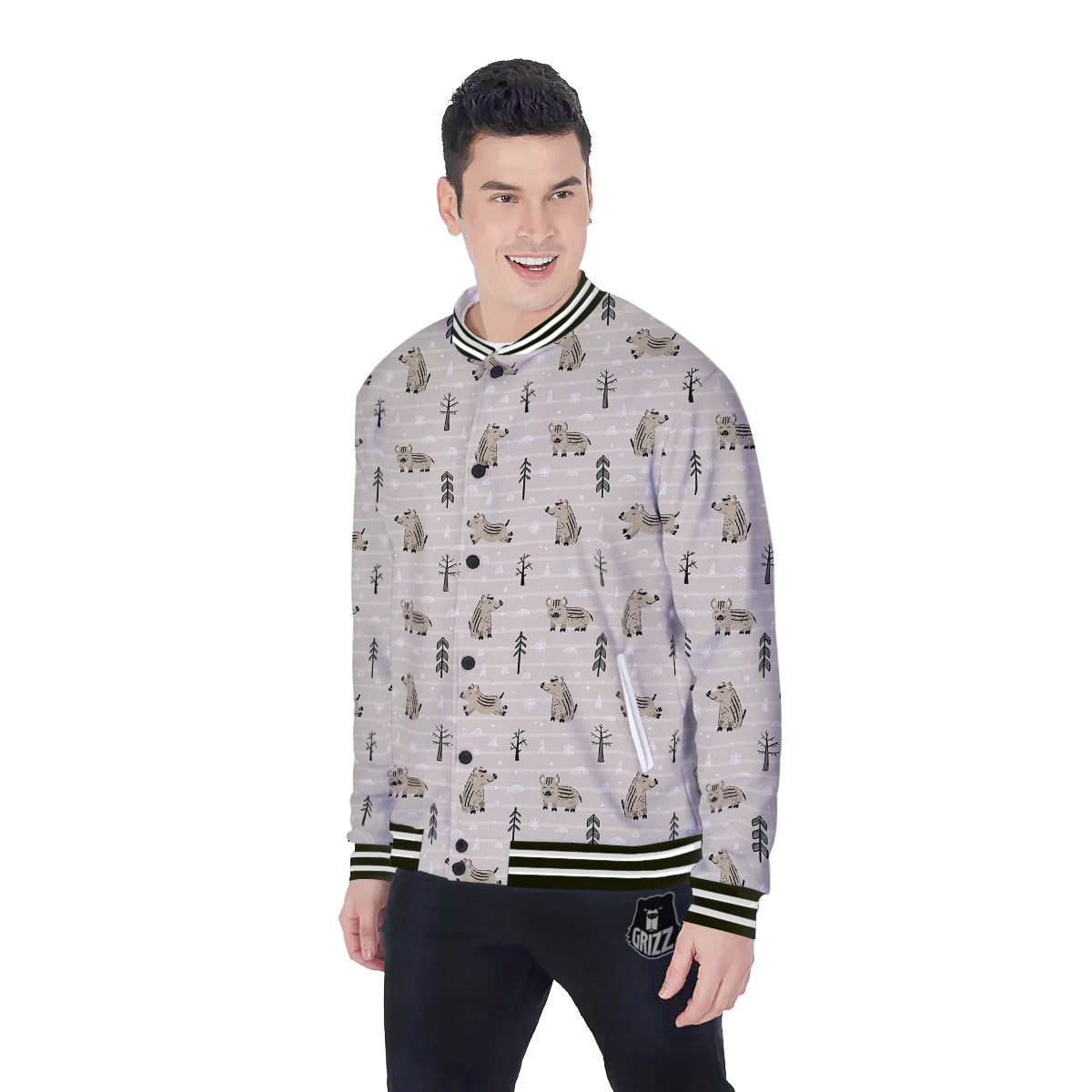 Boar Striped Print Pattern Baseball Jacket-grizzshop