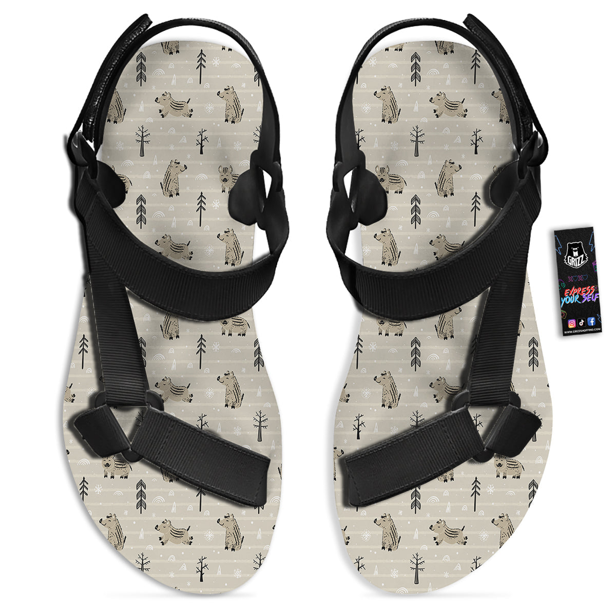 Boar Striped Print Pattern Black Open Toe Sandals-grizzshop