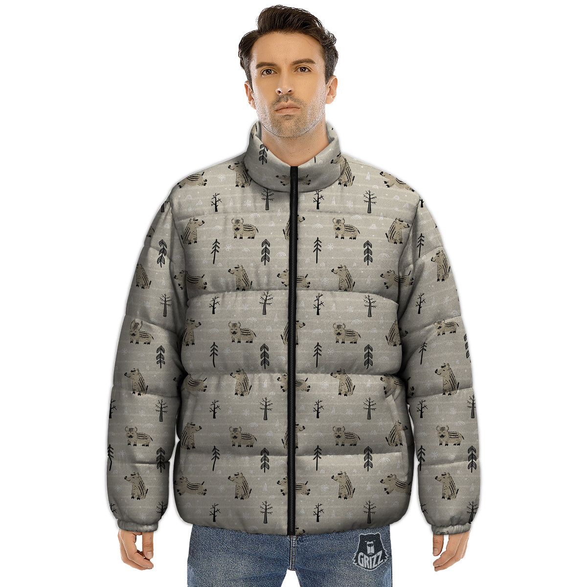 Boar Striped Print Pattern Puffer Jacket-grizzshop