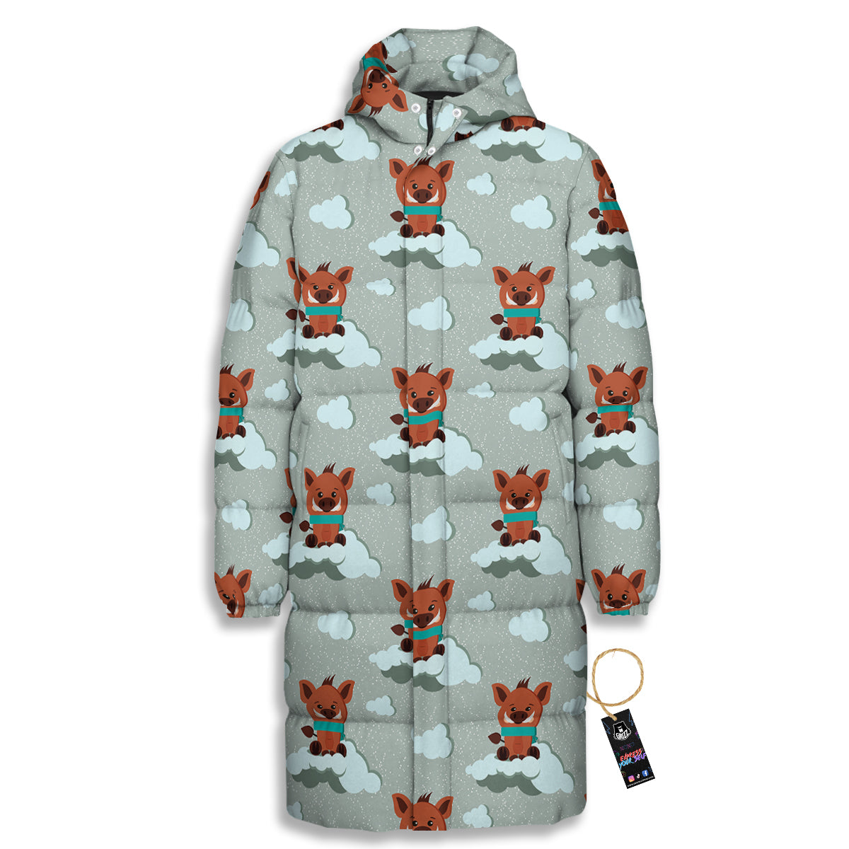 Boar And Cloud Print Pattern Long Down Jacket